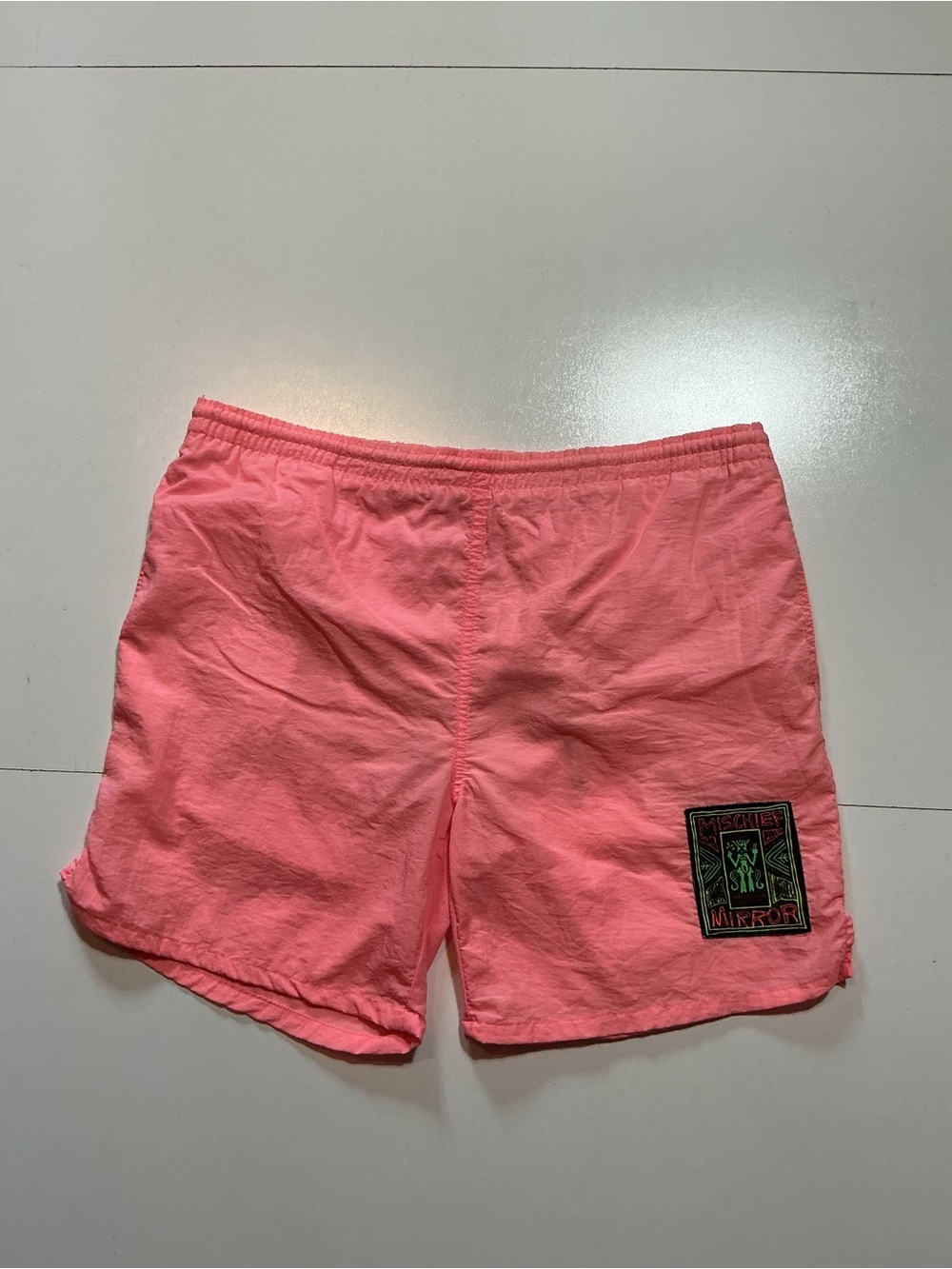 Vintage 80s Mischief Mirror Pink 6.5" Inseam Mesh Swim Trunk Surf Board Shorts